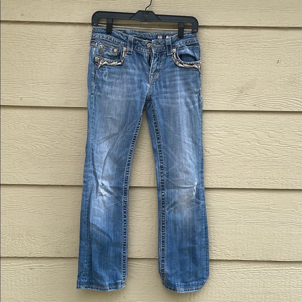 Miss Me Blue Boot Cut Jeans with Vintage Fading
